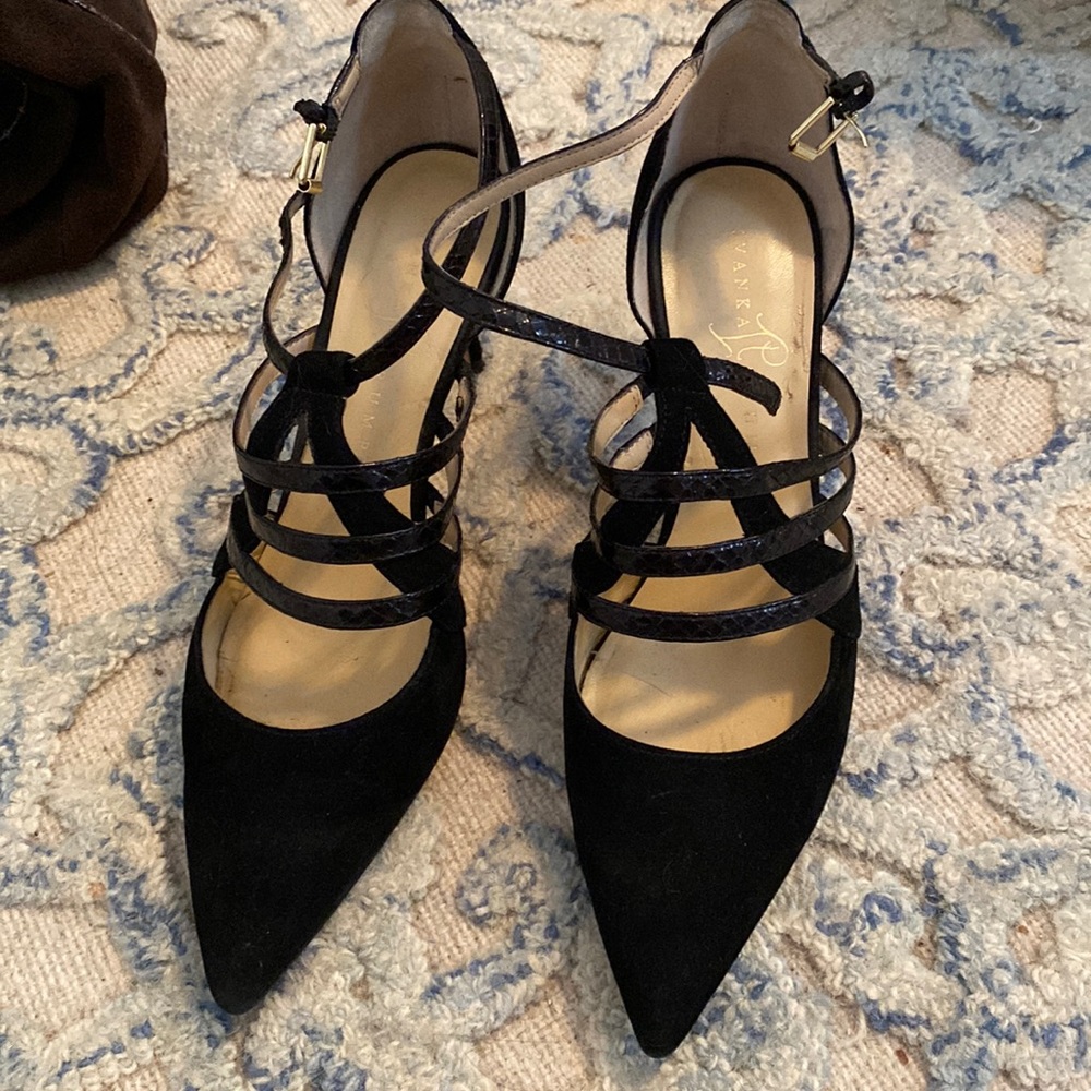 Suede and snake print heels. About 1.5 inches.